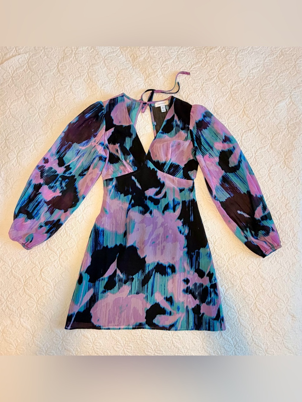 Topshop Abstract Print V-Neck Mini Dress - Purple, Teal, Black